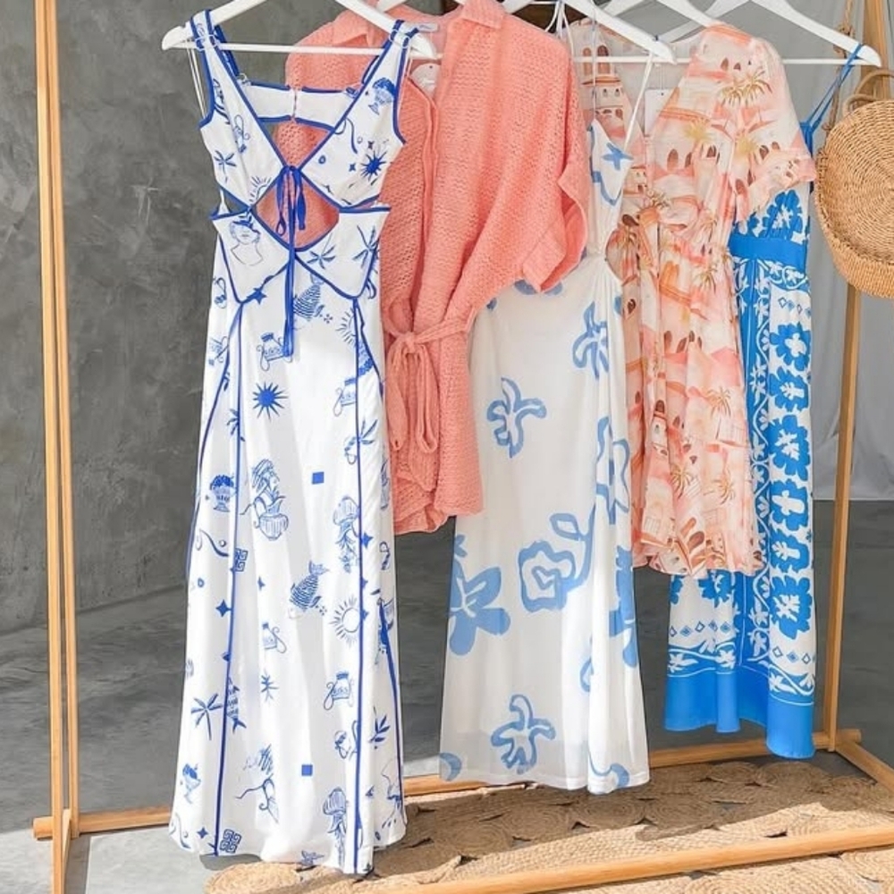 Blue and White Printed Women's Maxi Dress - Picture 2 of 2